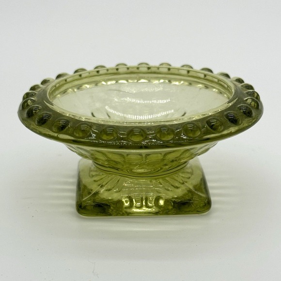 Other - VTG Olive Green Glass Open Salt Cellar 3" Beaded Rim Square Pedestal Base